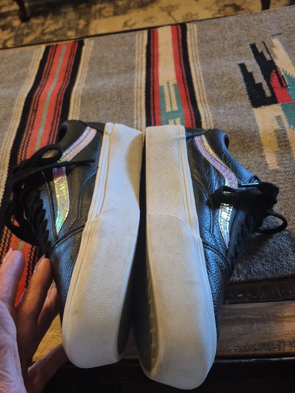 Vans Old Skool Irridised Racing Stripe Black Leather Womens Sz.8. VGC.(#1063sh)